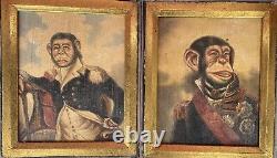 Vintage Pair Of Chimpanzee Ape Monkey In Uniform Paintings by Hamilton 10x8