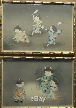 Vintage Pair Of Chinese Asian Watercolor Painting, Children Playing Games Signed