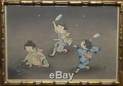 Vintage Pair Of Chinese Asian Watercolor Painting, Children Playing Games Signed