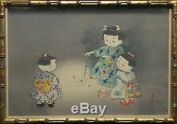 Vintage Pair Of Chinese Asian Watercolor Painting, Children Playing Games Signed