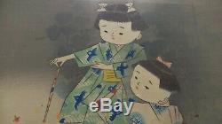 Vintage Pair Of Chinese Asian Watercolor Painting, Children Playing Games Signed