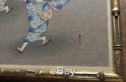 Vintage Pair Of Chinese Asian Watercolor Painting, Children Playing Games Signed