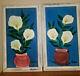 Vintage Pair Paintings Abstract Flowers Calla Lily Vase Turquoise Signed Montero