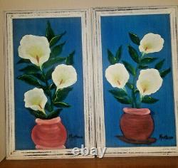 Vintage Pair Paintings Abstract Flowers Calla Lily Vase Turquoise Signed Montero