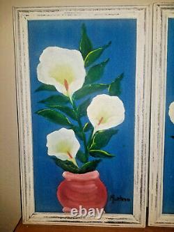 Vintage Pair Paintings Abstract Flowers Calla Lily Vase Turquoise Signed Montero