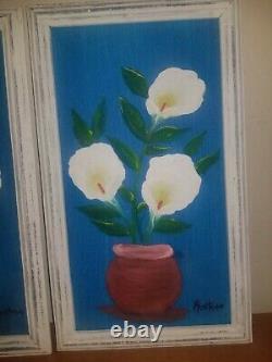 Vintage Pair Paintings Abstract Flowers Calla Lily Vase Turquoise Signed Montero