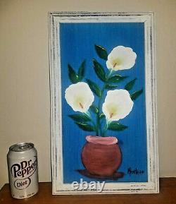 Vintage Pair Paintings Abstract Flowers Calla Lily Vase Turquoise Signed Montero