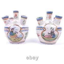 Vintage Pair of HENRIOT QUIMPER Five Finger Tulipiere Vases Signed FRANCE