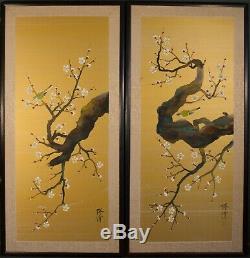 Vintage Pair of Large Chinese Paintings on Gold Silk signed mid century