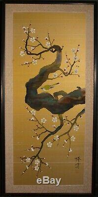 Vintage Pair of Large Chinese Paintings on Gold Silk signed mid century