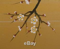 Vintage Pair of Large Chinese Paintings on Gold Silk signed mid century