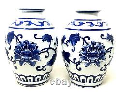 Vintage Porcelain Chinese Vase Pair Blue White Flower Asian Pottery Signed Set 2