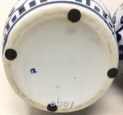 Vintage Porcelain Chinese Vase Pair Blue White Flower Asian Pottery Signed Set 2