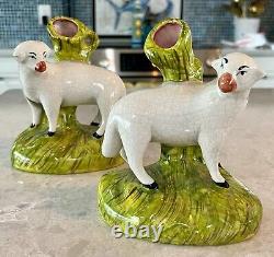 Vintage Rare English Staffordshire Mantle Sheep Lamb Spill Vase Pair Signed