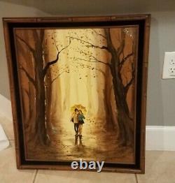 Vintage Romantic Oil on Canvas Painting Couple in Autumn By Roderick framed 70s