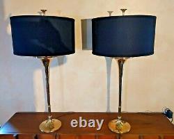 Vintage Signed 1986 CHAPMAN Solid Brass Trumpet Lamp Pair MINTY