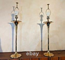 Vintage Signed 1986 CHAPMAN Solid Brass Trumpet Lamp Pair MINTY