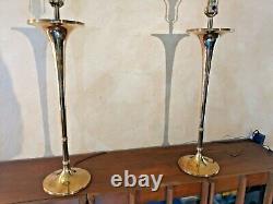 Vintage Signed 1986 CHAPMAN Solid Brass Trumpet Lamp Pair MINTY