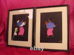 Vintage Signed Artist L B H Pair Of Art Pictures Featuring a Boy and Girl