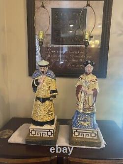 Vintage Signed Asian Glazed Ceramic Emperor Lamps a Pair Made In Italy