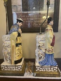 Vintage Signed Asian Glazed Ceramic Emperor Lamps a Pair Made In Italy