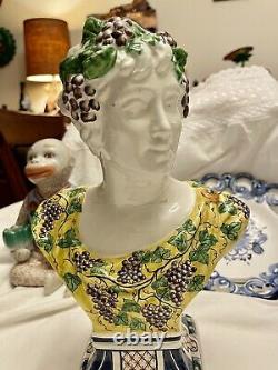 Vintage Signed Pair Greek Bacchus God Demeter Goddess Bust Statue Glazed Italy