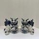 Vintage Signed Pair Kutani Blue White Porcelain Foo Dogs Temple Lions 7