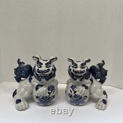 Vintage Signed Pair Kutani Blue White Porcelain Foo Dogs Temple Lions 7