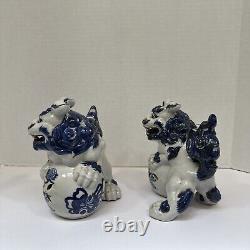 Vintage Signed Pair Kutani Blue White Porcelain Foo Dogs Temple Lions 7