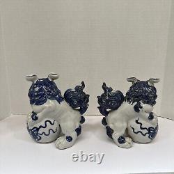 Vintage Signed Pair Kutani Blue White Porcelain Foo Dogs Temple Lions 7