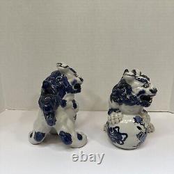 Vintage Signed Pair Kutani Blue White Porcelain Foo Dogs Temple Lions 7