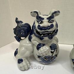 Vintage Signed Pair Kutani Blue White Porcelain Foo Dogs Temple Lions 7