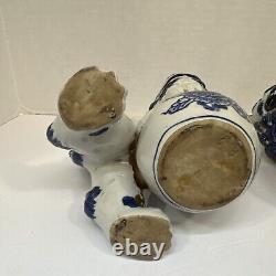 Vintage Signed Pair Kutani Blue White Porcelain Foo Dogs Temple Lions 7