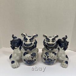 Vintage Signed Pair Kutani Blue White Porcelain Foo Dogs Temple Lions 7