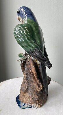 Vintage Signed Pair Majolica Shiwan Wucai style Pottery Bird Parrots Parakeet