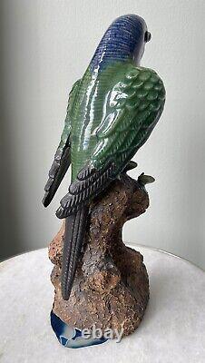 Vintage Signed Pair Majolica Shiwan Wucai style Pottery Bird Parrots Parakeet