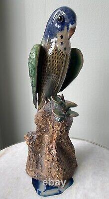 Vintage Signed Pair Majolica Shiwan Wucai style Pottery Bird Parrots Parakeet