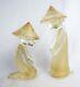 Vintage Signed Seguso Murano Italy Gold Speckled Asian Couple Figurine Pair
