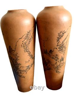 Vintage TWO Yixing Zisha Vases China Etched Mountain Scene Signed Clay Pair