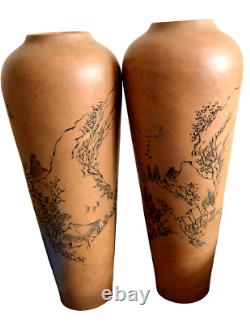 Vintage TWO Yixing Zisha Vases China Etched Mountain Scene Signed Clay Pair