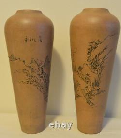 Vintage TWO Yixing Zisha Vases China Etched Mountain Scene Signed Clay Pair
