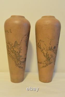 Vintage TWO Yixing Zisha Vases China Etched Mountain Scene Signed Clay Pair