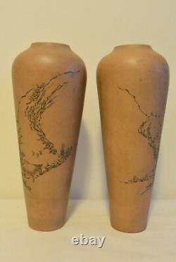 Vintage TWO Yixing Zisha Vases China Etched Mountain Scene Signed Clay Pair