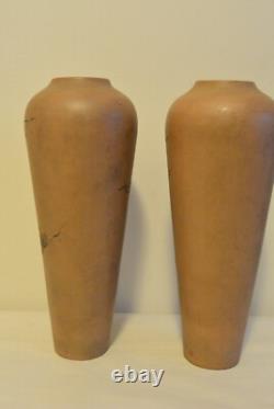 Vintage TWO Yixing Zisha Vases China Etched Mountain Scene Signed Clay Pair