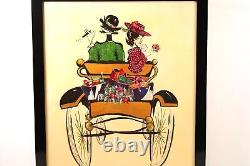 Vintage Whimsical Oil Painting On Canvas Antique Car Courting Couple Signed