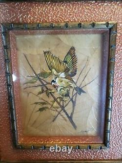 Vintage pair of framed original oil paintings of birds on leaf paper by Sommai P