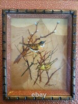 Vintage pair of framed original oil paintings of birds on leaf paper by Sommai P