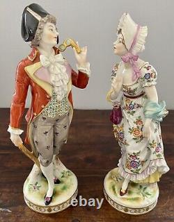 Volkstedt Porcelain Pair Figures Lady & Gentleman Germany Antique Signed Rare