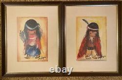 Vtg 1970s Degrazia Art Painting Signed Native American Child Framed PAIR 16x20