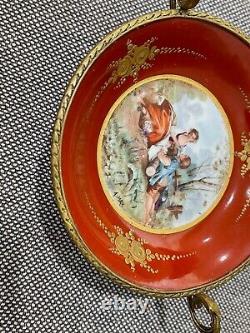 Vtg Antique French Gilt Metal Mounted Porcelain Dish Courting Couple Dec. Signed
